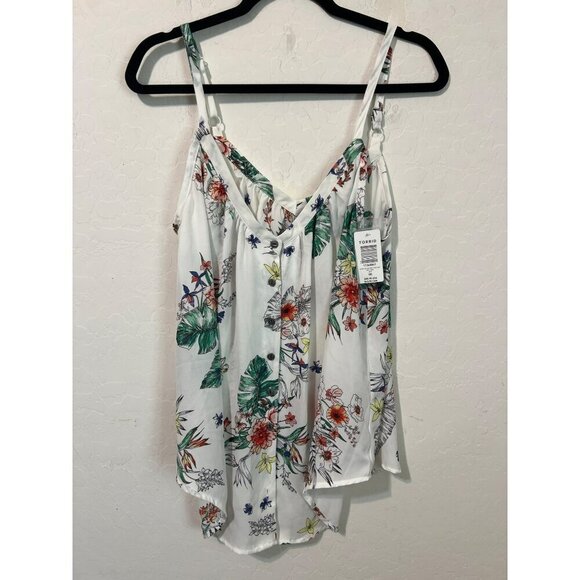 Torrid Sz 00 (US 10 L) Ivory Floral Button Front Tunic Cami - Picture 2 of 6